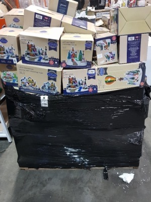 80+ PIECE MIXED CHRISTMAS LOT CONTAINING LED WINTER SCENE 24CM WIDTH , LED ANIMATED CHRISTMAS HOUSE 14CM WIDTH, LED CHRISTMAS SCENE WITH MOVING TRAIN 29CM WIDTH , LED ANIMATED SANTA IN AIR BALLON WINTER SCENE ETC ON A PALLET (NOTE CUSTOMER RETURNS)