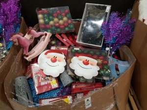 250+ PIECE MIXED CHRISTMAS MEDIUM PALLET LOT CONTAINING DECORATIVE TINSEL , LED CROWNS , DECORATIVE COLOURED BRANCHES , SANTALETTER PACKS , CHRISTMAS BAUBLES, THE SPIRT OF CHRISTMAS FELT TABLE RUNNERS ETC ON A FULL PALLET
