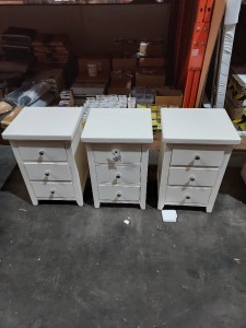 3 X 3 DRAWER BEDSIDE CABINETS IN WHITE 41 X 36 X 62CM (PLEASE NOTE CUSTOMER RETURNS)