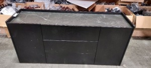 1 X 2 DOOR 3 DRAWER GRANITE TOP SIDEBOARD IN BLACK WOOD EFFECT 161 X 45 X 74CM (PLEASE NOTE CUSTOMER RETURNS - MISSING LEGS - DAMAGE ON BASE PANEL)