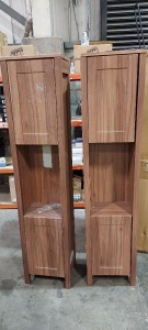 5 X WICKES FRONTERA TALL STORAGE UNIT IN WALNUT EFFECT INCLUDES GLASS SHELF 41 X 31 X 182CM (PLEASE NOTE CUSTOMER RETURNS - 1 X LEFT INSIDE PANEL BROKEN)