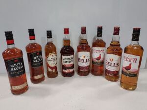 8 PIECE BRAND NEW MIXED ALCOHOL LOT CONTAINING 2 X 1L FAMOUS GROUSE WHISKEY - 2 X 1L BELL'S WHISKEY - 2 X 1L WHYTE & MACKEY WHISKEY - 1 X 1L SOUTHERN COMFORT LIQUEUR - 1 X 70CL HIGH COMMISSIONER WHISKEY
