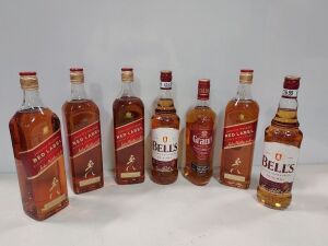 7 PIECE BRAND NEW MIXED ALCOHOL LOT CONTAINING 4 X 1L JOHNNIE WALKER RED LABEL WHISKEY - 2 X 1L BELL'S WHISKEY - 1 X 70CL GRANT'S WHISKEY