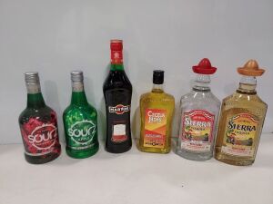 16 PIECE BRAND NEW MIXED ALCOHOL LOT CONTAINING 4 X SIERRA TEQUILA 70CL - 6 X SOURZ LIQUEUR 70CL - 4 X CACTUS JACK'S SCHNAPPS 70CL, ETC