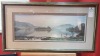 AN ORIGINAL POSTER PAINTING BELIEVED TO BE BY H.J.HANKEY A MISTY SUNRISE OVER GRASMERE GOLD AND GREEN COLOURED FRAME H 53CM X W 100 CM INC MOUNT & FRAME EDITION SIZE 31/106