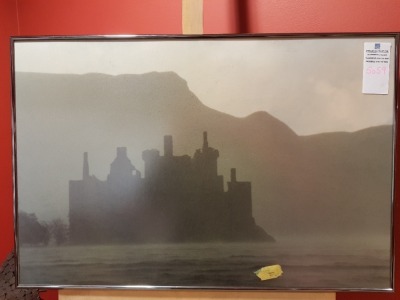 SIGNED BY UNKNOWN ARTIST PRINT OF RUINS ON COASTAL BACKGROUND CHROME FRAME H 51CM X W 77CM INC MOUNT & FRAME