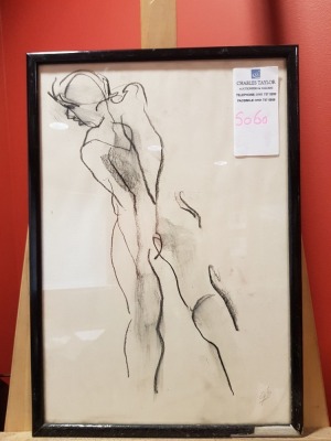 SIGNED BY UNKNOWN ARTIST NAKED FIGURE BLACK FRAME WITH DAMAGE TO BOTTOM RIGHT H 44.5CM X W 31CM INC MOUNT & FRAME