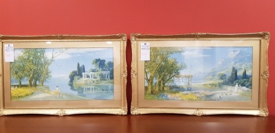 2 X HERMANN RUOSHLI PRINTS TITLES: MEDITATION & ONE UNKNOWN LADY OVERLOOKING LAKE & LADY OVERLOOKING MOUNTAIN SCENE GOLD COLOURED FRAME ON BOTH H 45CM X W 73CM INC MOUNT & FRAME