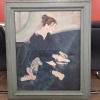 SIGNED BY UNKNOWN ARTIST SITTING LADY BALLERINA ON A CANVAS OFF GREEN COLOURED FRAME H 120CM X W 107CM INC FRAME