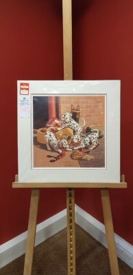 3 X VARIOUS PRINTS TO INCLUDE TEA CUP SIGNED BY SAM TOFT H 17.5CM X W 17.5CM INC MOUNT EDITION 81/295 RRP £60 BUTCH THE DOG SIGNED ANNA HYMAS H 20CM X W 20CM EDITION 16/195 RRP £55 SIGNED PRINT BY J. LAMB H 51CM X W 51CM INC MOUNT EDITION 171/750 RRP £