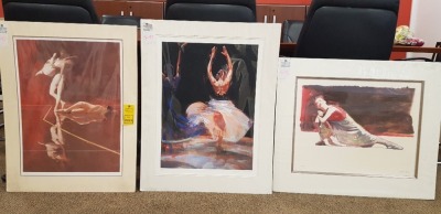 3 PRINT PAINTINGS 2 BY R HEINDES , ONE UNSIGNED PRINT, 1ST 85/150 LANDSCAPE PAITING OF A DANCER 79CM X 67CM SIGNED BY R HEINDES 2ED 16/500 PORTTRAIT PAITING OF THREE BALLET DANCER WITH RED BACKGROUND 62CM X 81CM SIGNED BY R HEINDES 3RD 149/197 PORTRAIT