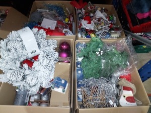 200+ PIECE CHRISTMAS LOT CONTAINING LUMI XMAS WREATH 50CM , LED XMES CROWN, SHATTERPROOF BAUBLES , VARIOUS STYLES AND SIZES OF CHRISMAS CARDS , CHRISTMAS GREY STAG TABLE MATS ETC IN 4 LARGE BOXES