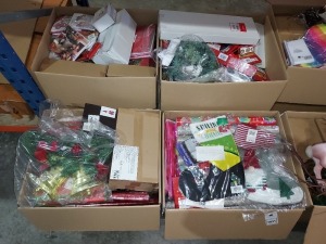 200+ PIECE CHRISTMAS LOT CONTAINING GIFT WRAP ORGANISER , ELF STOCKING , FROSTED LED WREATH, GONK WINDOW STICKERS , CHRISTMAS WRAPPING PAPER , CHRISTMAS CARDS ETC IN 4 LARGE BOXES