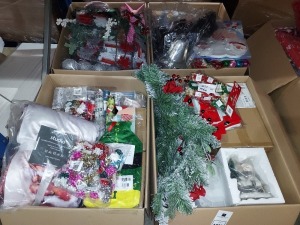 200+ PIECE CHRISTMAS LOT CONTAINING SANTAS PARTY 8 PIECE PLACEMAT & COASTER SETS, ELF HOT WATER BOTTLE , FATHER CHRISTMAS SNOW SCENE THROW , MULTI COLOURED RIBBONS , XMAS WRAPPING PAPER ETC IN 4 LARGE BOXES