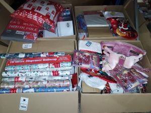 200+ PIECE CHRISTMAS LOT CONTAINING CHRISTMAS DUVET SETS , MICKEY MOUSE STOCKINGS , GIFT WRAPPING PAPPER , 6FT LED PEARL GARLAND, CHRISTMAS CARDS , THE SPIRIT OF CHRISTMAS TABLECLOTHS ETC IN 4 LARGE BOXES