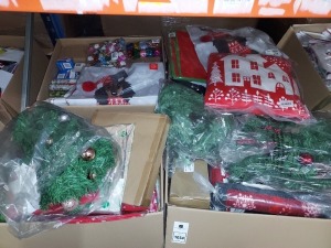 200+ PIECE CHRISTMAS LOT CONTAINING MERRY CHRISTMAS WASHABLE DOORMATS , 9FT LIT ROSE GOLD GARLAND , CHRISTMAS RIBBONS , CHRISTMAS CARDS , XMAS LIGHT UP CUSHION, 360 WHITE LED STRING LIGHTS ETC IN 4 LARGE BOXES