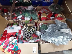 200+ PIECE CHRISTMAS LOT CONTAINING 6FT FROSTED GARLANDS , DELUXE SANTA LETTER PACKS , MICKEY MOUSE STOCKINGS , SILVER METAL STARS ON WOOD PLINTHS, HANGING CHRISTMAS TREE DECORATIONS ETC IN 4 LARGE BOXES