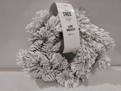 40 PIECE BRAND NEW LUMI WREATH'S 50CM IN GREEN WITH SNOW EFFECT DESIGN IN 10 BOXES