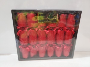 60 PIECE BRAND NEW CHRISMAS HOUSE OF FRASER CRACKERS IN EXQUISITE RED EACH CRACKER CONTAINS A RANDOM GIFT, 6 CRACKERS IN A SET IN 10 BOXES ( EACH SET RETAILS AT £19.99)