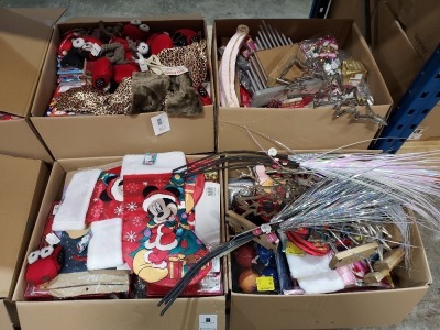 200+ PIECE CHRISTMAS LOT CONTAINING MICKEY MOUSE STOCKINGS , SILVER CHRISTMAS TREE & STAR ON WOODEN BASE , CANDLE BRIDGE , MARVEL SPIDER MAN CHRISTMAS BAUBLES , DECORATIVE HANGING OWLS , ETC IN 4 LARGE BOXES