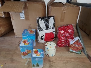 APPROX 300+ PIECE MIXED LOT CONTAINING - CHRISTMAS BISCUIT TINS IN VARIOUS SIZES AND STYLES - CHRISTMAS LITTLE STOCKINGS ETC