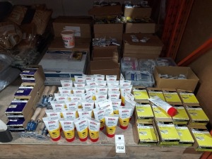 APPROX 100+ PIECE MIXED LOT CONTAINING DIAL SCREWS 4X 70MM - SONAX AUSPUFF EXHAUST REPAIR PASTE - DIAL SCREWS 2.7 X 60MM - VARIOUS PACKS NUTS BOLTS AND SCREWS - EVO-STIK PUTTY - YALE EURO TURN CYLINDERS WITH KEY - ETC