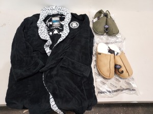 26 PIECE MIXED CLOTHING LOT CONTAINING 5 X ORIGINAL STORMTROOPER BLACK BATHROBES - 8 X FARAH TAN SLIPPERS UK 9-10 - 12 X FARAH KAKI SLIPPERS UK 7-10