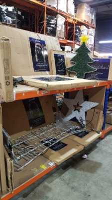 15 PIECE MIXED CHRISTMAS LOT CONTAINING 2X 1.5M CANDY CANE ARCHWAY TINSEL ROPE LIGHTS , 50CM ANGEL ROPE LIGHTS, 2.4 X 18M TOYLAND SOLDIER ARCHWAY ROPE LIGHTS , 1M FLASHING SHOOTING STAR ETC ON TWO BAYS (NOTE CUSTOMER RETURNS) LOAD 5 PALLET 8