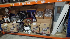 50 PIECE MIXED CHRISTMAS LOT CONTAINING LED LIT CHRISTMAS HOUSE , BLACK MICRO DOT TREES ,CHRISTMAS SCENE LANTERNS , LED CHRISTMAS TREE , ANIMATED MUSICAL CHRISTMAS TREE SCENE ETC ON A FULL BAY ( NOTE DAMAGED / CUSTOMER RETURNS )