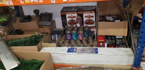 50+ MIXED CHRISTMAS LOT CONTAINING 35CM LIT ANIMATED MUSICAL CAREOUSEL , XMESS WATER SPINNER'S 1.5M SNOW DUSTED TWIKLING TREE , 100LED PEARL BERRY LIGHTS , LED JARS IN BLUE PURPLE AND PINK , CONNECTABLE LIGHT ACCESSORYS , ETC ON A FULL BAY (NOTE CUSTOMER 