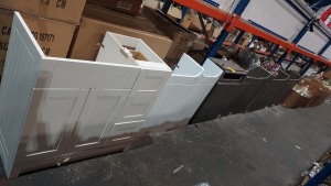 7 X MIXED BATHROOM FURNITURE LOT TO INCLUDE - SINK VANITY UNIT IN WHITE WOOD - GLOSS WHITE SINK VANITY UNITS - GREY WOODEN SINK VANITY UNITS - GREY WOODEN OVER TOILET CABINET - ETC